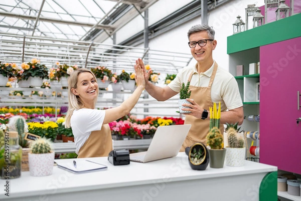 Obraz Two florists celebrating a successful sale inside their shop. The cheerful scene shows them high-fiving with plants and flowers.