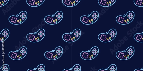Fototapeta Vector neon glow game controller gamepad seamless pattern. Colored outline joystick element flat style on night dark background. Gamer device background