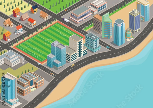 Fototapeta Isometric city map with residential areas and modern buildings