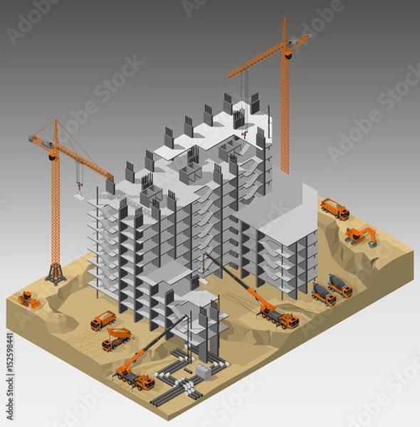 Fototapeta Izometryczna ilustracja wektorowa placu budowy na etapie monolitycznej konstrukcji szkieletowej budynku i zastosowanej techniki. Żurawie wieżowe, samochody ciężarowe, miksery, dźwigi samojezdne i koparki.