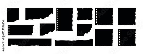 Fototapeta Vector black jagged paper rectangle shapes set isolated on white. Rough torn edge frames collection sticker piece, shred strip, grunge border, text box shapes.