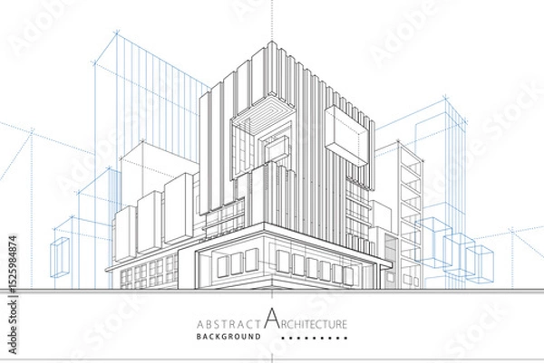 Fototapeta 3D illustration abstract urban building out-line drawing of imagination architecture building construction design.