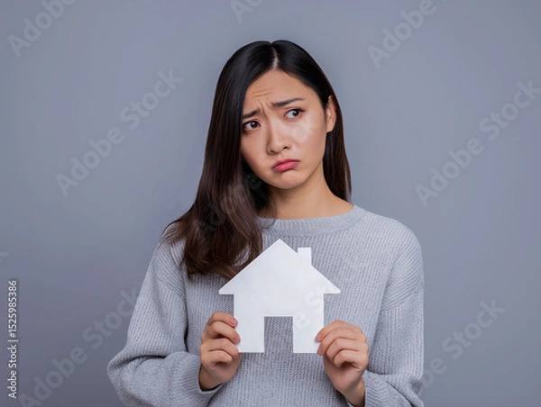 Obraz Young Asian woman, a real estate agent, holds a white house-shaped cardboard cutout and looks at a house model with a worried expression. Set against a light grey background.