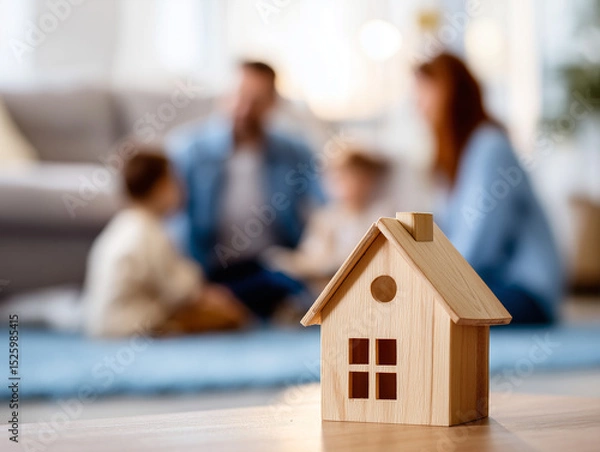 Obraz Wooden house model on table, with blurred smiling family (father, mother, child) in background. Bright living room with white walls, blue carpet, and warm natural lighting.