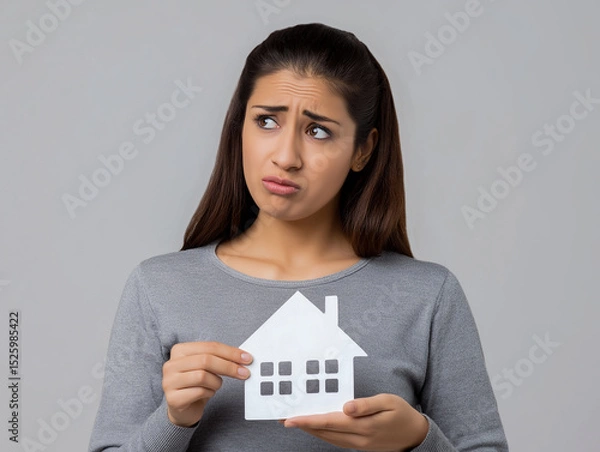 Obraz Young Indian woman with ponytail, a real estate agent, holds a white house-shaped cardboard cutout. She looks at a house model with a worried expression, set against a light grey background.