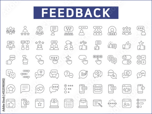 Fototapeta Review And feedback Icon Set. Vector collection of customer, rating, star rating, chat, testimonials, survey, support, communication, sign and element symbols or logo element.