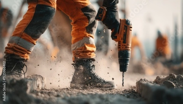 Fototapeta Construction worker using drill on building site