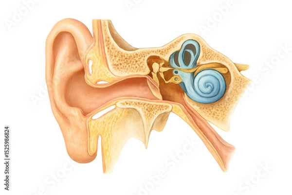 Fototapeta Detailed medical illustration of the human ear anatomy, highlighting the outer, middle, and inner ear structures, ideal for educational and healthcare materials