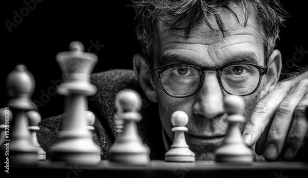 Fototapeta Man chess game strategy thinking black and white
