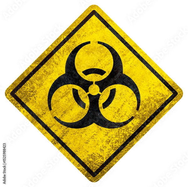 Obraz Rusty biohazard warning sign with grunge texture on white background, biological hazard symbol in yellow and black.