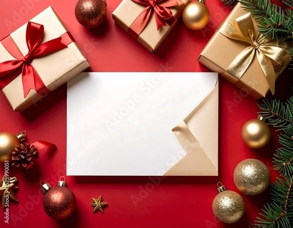 Obraz Christmas presents and blank envelope