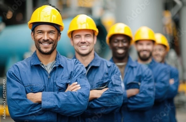 Fototapeta Diverse group of workers wearing hard hats