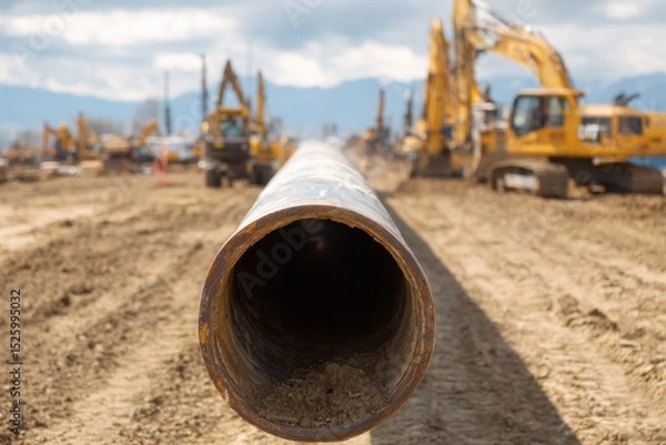 Fototapeta Pipeline construction site with machinery and infrastructure