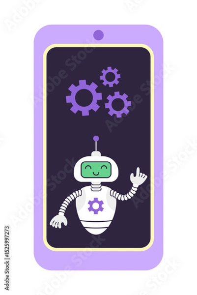 Fototapeta Robot and gears on the smartphone screen. Concept of digital security and technical support. Isolated vector illustration.