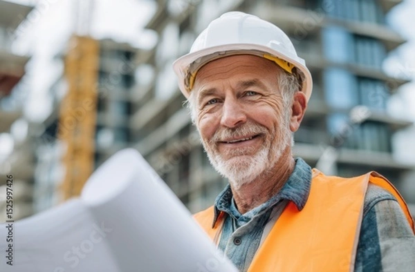 Fototapeta Smiling construction worker plans building project