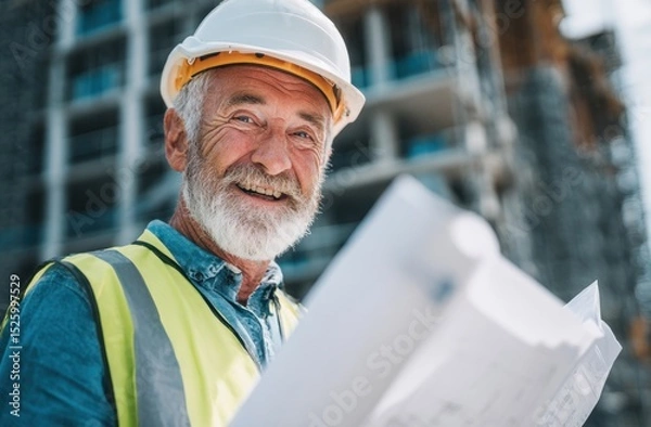 Fototapeta Construction worker with blueprints at site