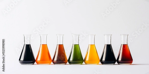 Fototapeta Row of colorful beakers with liquids