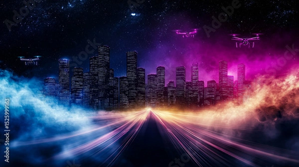 Fototapeta Dystopian cyberpunk metropolis under dark futuristic sky