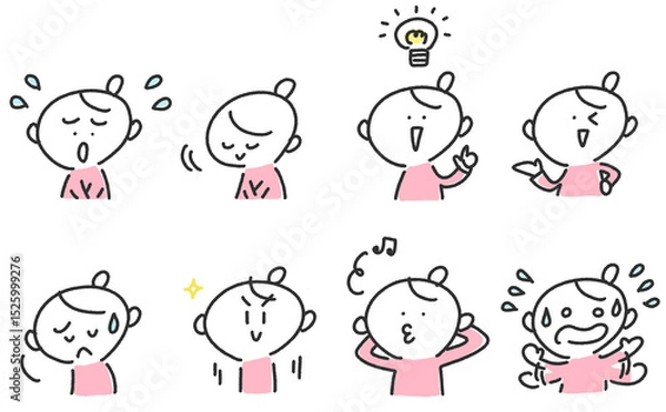 Fototapeta 漫画風の様々な感情の女性セット　ひらめく・慌てる・落ち込む
