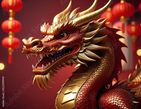 Obraz Dragon head close-up, festive backdrop
