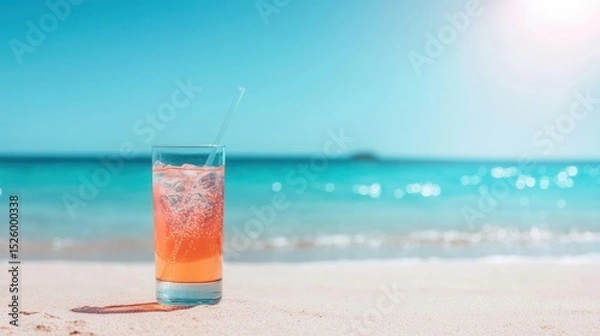 Fototapeta summer concept. Refreshing drink on the beach with ocean waves in the background.