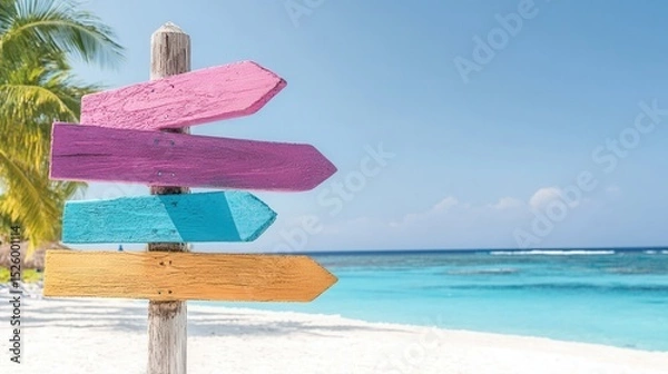 Fototapeta summer concept. Colorful signpost on a tropical beach with clear blue water and palm trees.