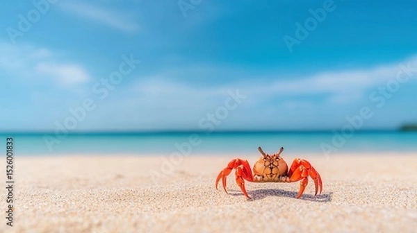 Fototapeta summer concept. A crab on a sandy beach with a clear blue sky and ocean backdrop.