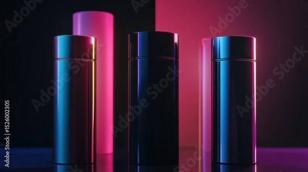 Obraz Stylish metal containers under vibrant neon lights