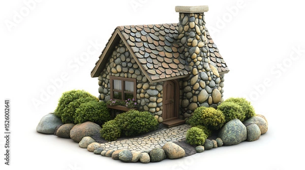 Obraz  Charming stone cottage with a cobblestone path and lush green bushes, set against a clean white background creating a whimsical storybook scene for fantasy or fairytale concepts.