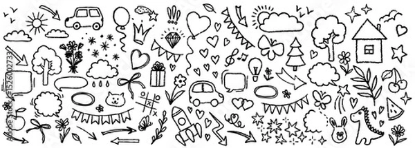 Obraz Hand drawn doodle design elements, black on white background. Swishes, swoops, emphasis, Arrow, crown, brush stroke. doodle sketch design elements