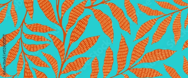 Obraz Abstract art vintage colors tropical line art leaves seamles background vector. Wallpaper design with leaves shapes and scribble doodle linear leaf. vintage botanical floral seamless pattern