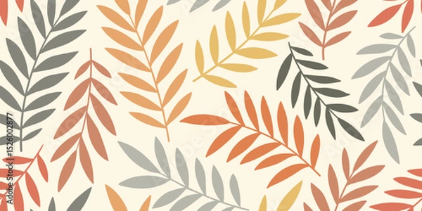 Obraz Abstract art vintage colors tropical line art leaves seamles background vector. Wallpaper design with leaves shapes and scribble doodle linear leaf. vintage botanical floral seamless pattern