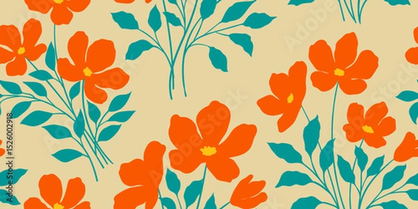 Obraz Leaves branch and Hand Drawn doodle Scribble floral plants banner. seamless pattern. Creative minimalist Abstract art background. Design wall decoration, postcard, poster and brochure