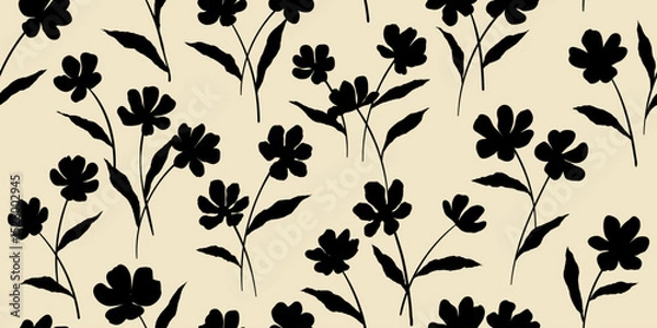 Obraz Leaves branch and Hand Drawn doodle Scribble floral plants banner. seamless pattern. Creative minimalist Abstract art background. Design wall decoration, postcard, poster or brochure