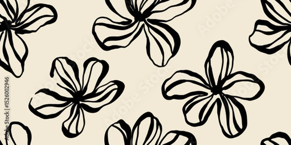 Obraz Leaves branch and Hand Drawn doodle Scribble floral plants banner. seamless pattern. Creative minimalist Abstract art background. Design wall decoration, postcard, poster or brochure