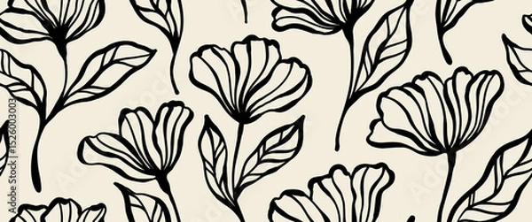 Obraz Leaves branch and Hand Drawn doodle Scribble floral plants banner. seamless pattern. Creative minimalist Abstract art background. Design wall decoration, postcard, poster or brochure