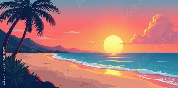 Fototapeta Cartoon sunset beach scene, flat design Split-complementary colors , sunset, horizon