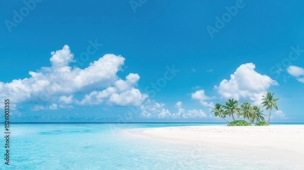 Fototapeta summer concept. Serene tropical beach with clear water and fluffy clouds.