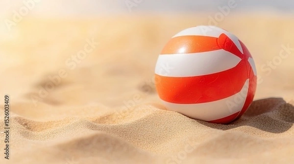 Fototapeta summer concept. Colorful beach ball resting on sandy shore under bright sunlight.