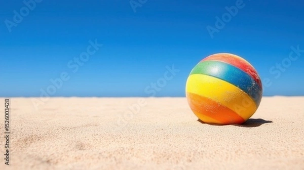 Fototapeta summer concept. Colorful beach ball resting on sandy shore under a clear blue sky.