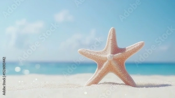 Fototapeta summer concept. Starfish on sandy beach with ocean in the background.