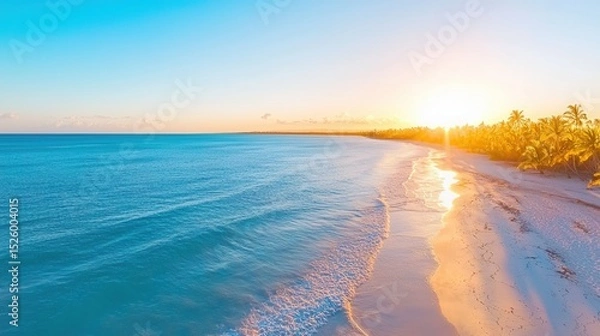 Fototapeta summer concept. Serene beach at sunset with palm trees and calm ocean waves.