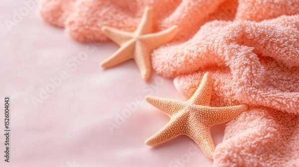 Fototapeta summer concept. Soft towels with starfish on a pink background create a serene beach vibe.
