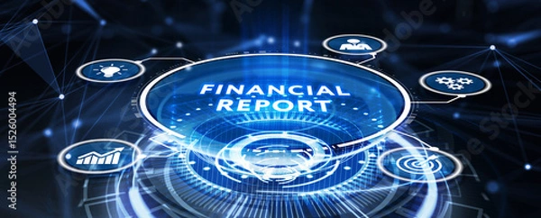 Fototapeta Analyzing financial report data company operations, balance sheet, fintech.  3d illustration