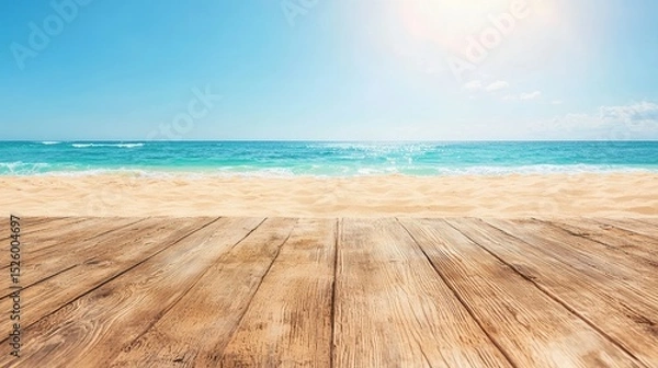 Fototapeta summer concept. Serene beach view with calm waves and clear blue skies.