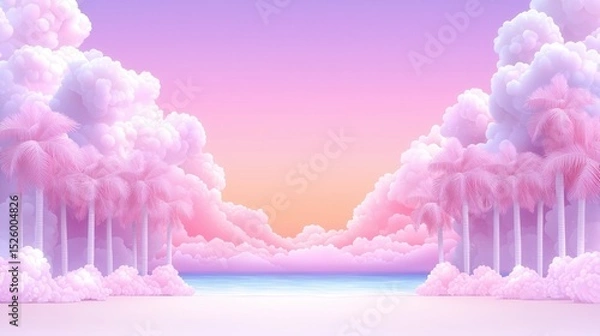 Fototapeta summer concept. Dreamy pastel landscape with clouds and a tranquil ocean view.
