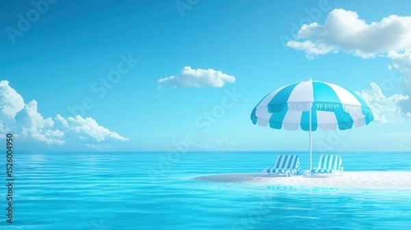 Fototapeta summer concept. Serene beach scene with an umbrella and chairs over tranquil water.