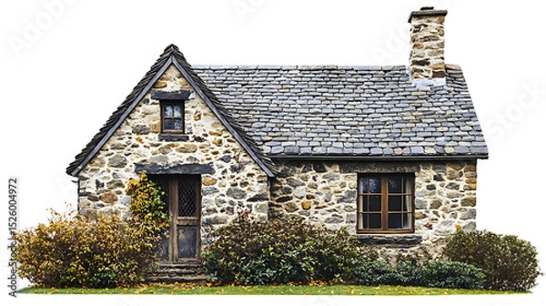 Obraz  Charming rustic stone cottage with a slate roof and surrounded by autumn foliage, featuring a quaint wooden door and chimney, set against a clean white background.