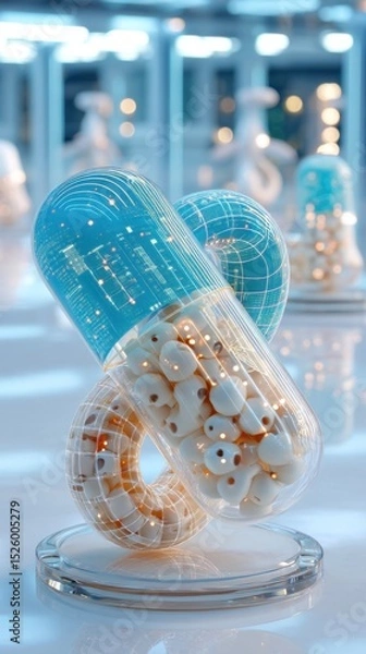 Fototapeta Futuristic Blue and White Transparent Pill Capsule Filled with Data