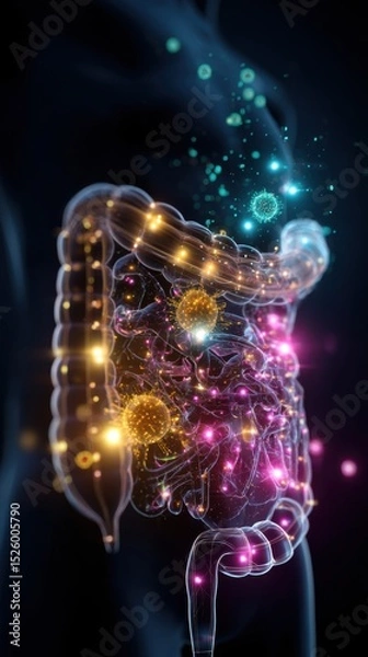 Fototapeta Glowing Human Intestine with Vibrant Microbiome 3D Render